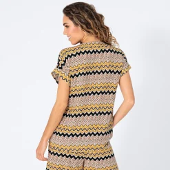 Damen NKD Damen-Kurzarm-Bluse mit Zick-Zack-Muster