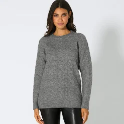 Damen NKD Damen-Zopfstrick-Pullover mit Rundhalsausschnitt